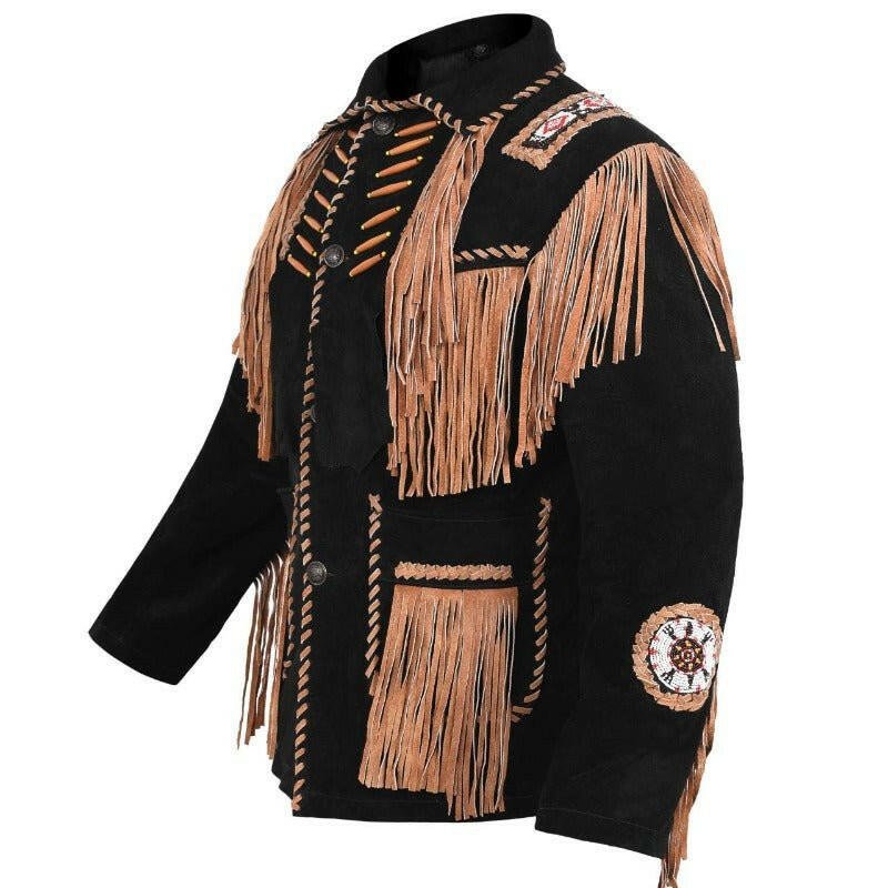 MENS COWBOY WESTERN SUEDE LEATHER JACKET WITH BONES BEADS FRINGES- BIKERS STYLE MENS CLASSIC FASHION.-2