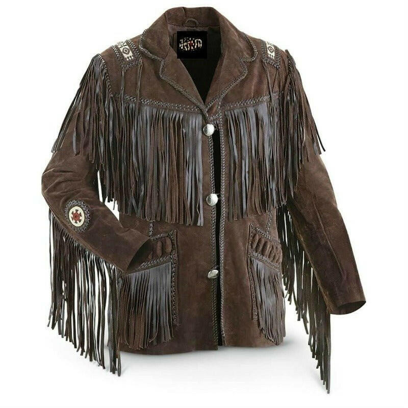 MENS COWBOY WESTERN SUEDE LEATHER JACKET WITH BONES BEADS FRINGES- BIKERS STYLE MENS CLASSIC FASHION.-0