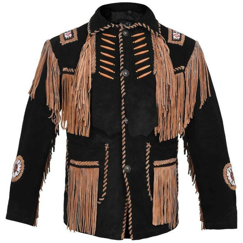MENS COWBOY WESTERN SUEDE LEATHER JACKET WITH BONES BEADS FRINGES- BIKERS STYLE MENS CLASSIC FASHION.-1