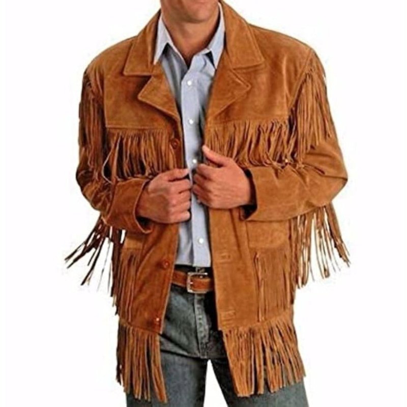 MENS COWBOY WESTERN SUEDE LEATHER JACKET WITH BONES BEADS FRINGES- BIKERS STYLE MENS CLASSIC FASHION.-3